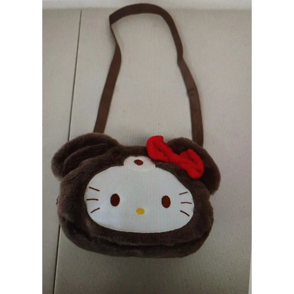 Hello Kitty Plush Faux Fur Crossbody Bag – Brown with Red Bow